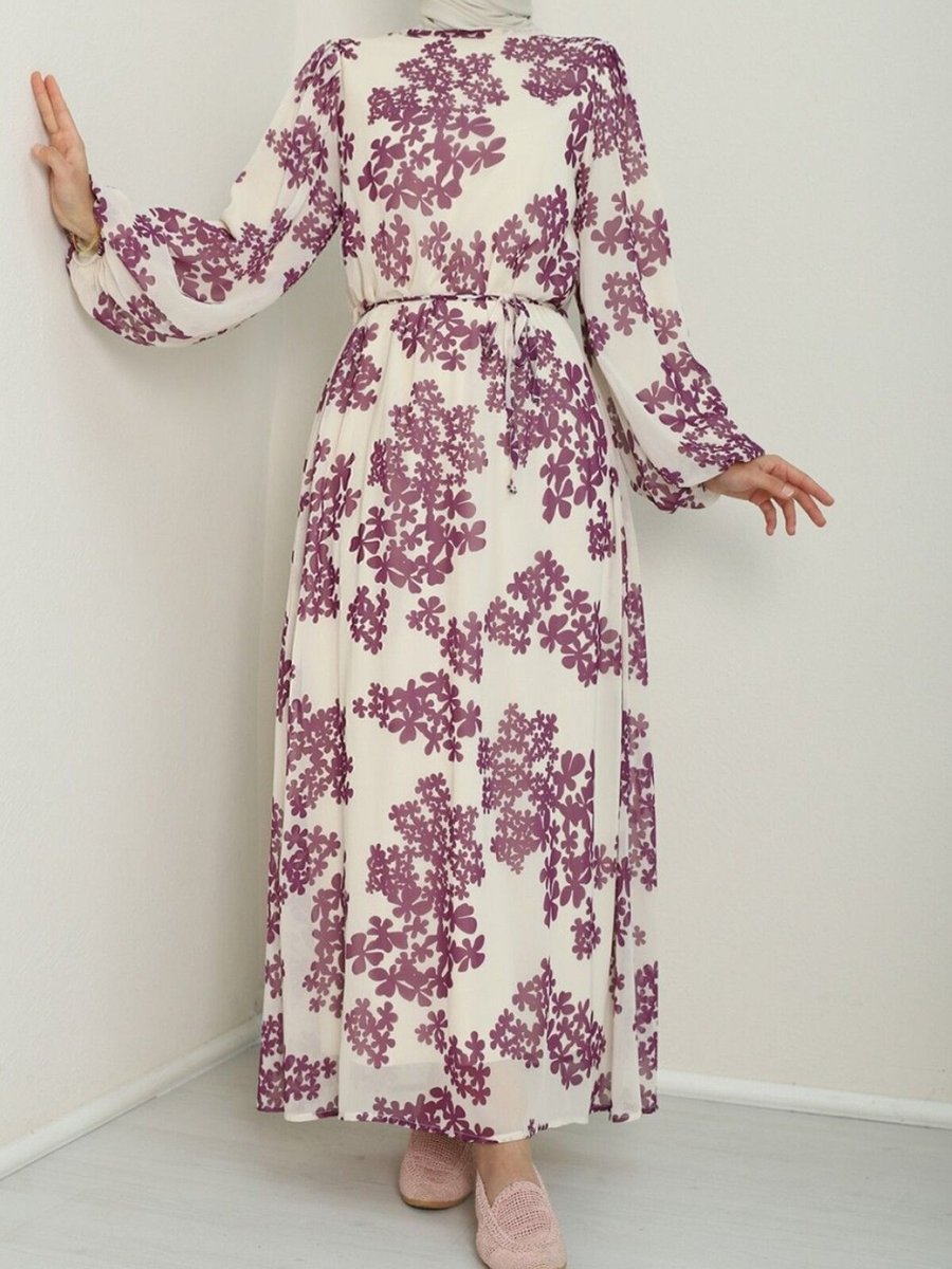 HİJABAYA Mor Batik Baskılı Astarlı Şifon Elbise