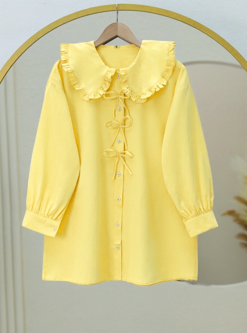 Podyumplus Sarı Önü Fiyonk Detaylı Bebe Yaka Poplin Gömlek
