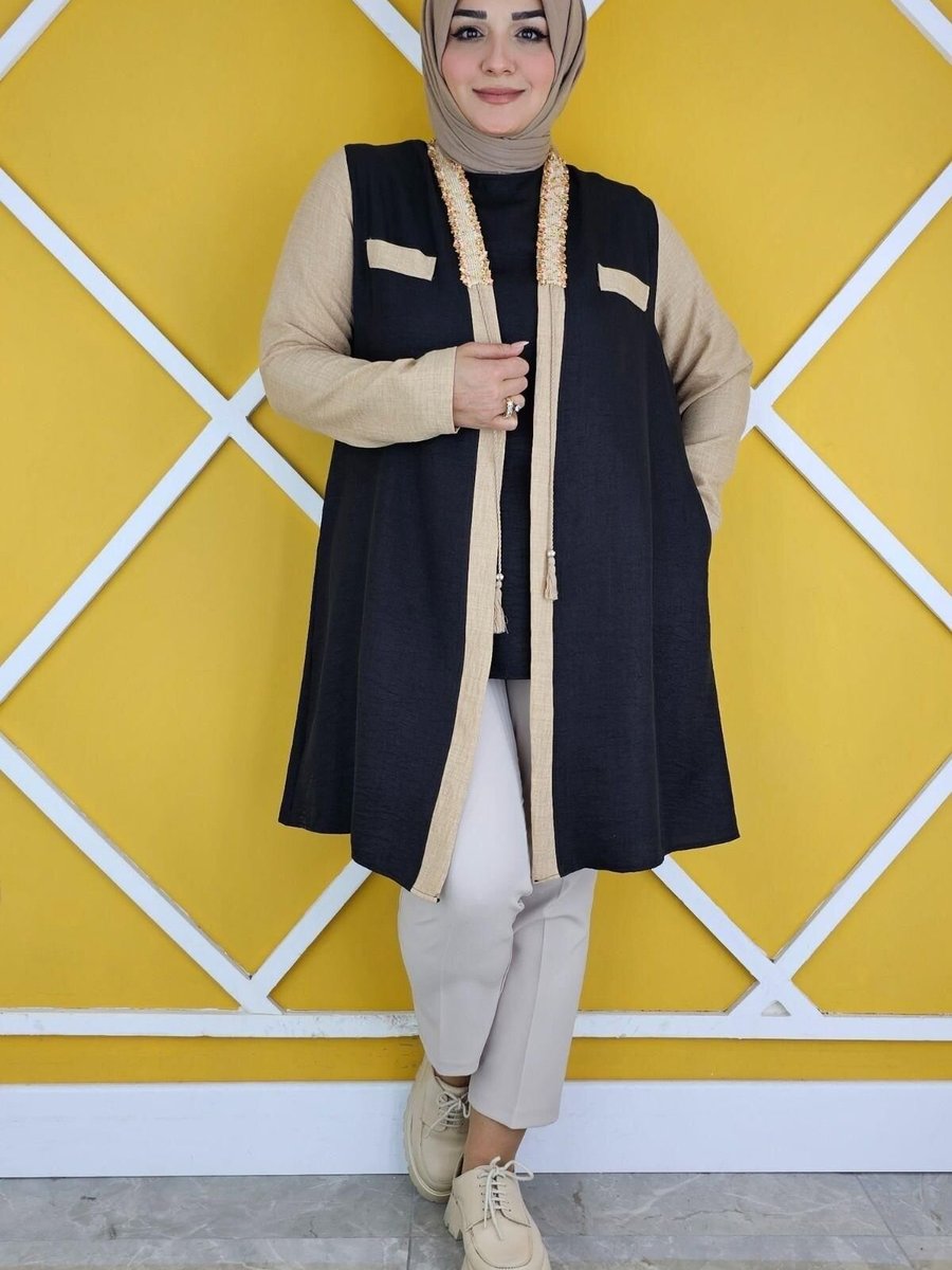 PYS Siyah Yakası Taş Detaylı Kimono İkili Takım