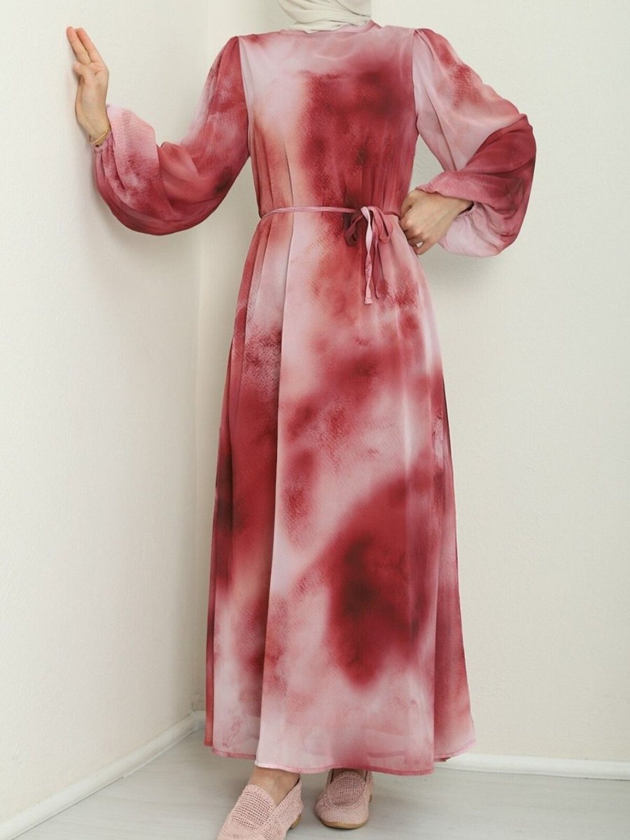 HİJABAYA Bordo Batik Baskılı Astarlı Şifon Elbise