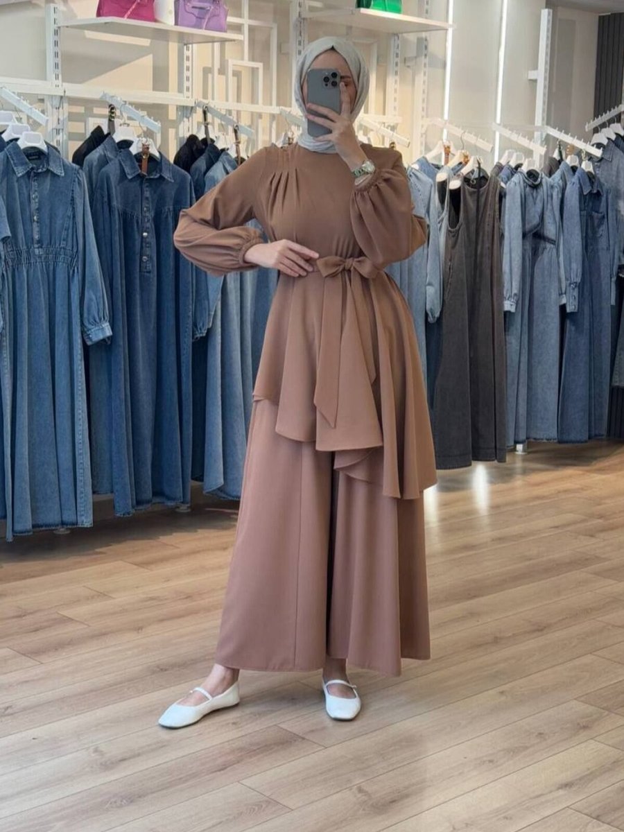 OlaLady Kahverengi Asimetrik Kloş Tunikli Pantolon Bluz İkili Takım