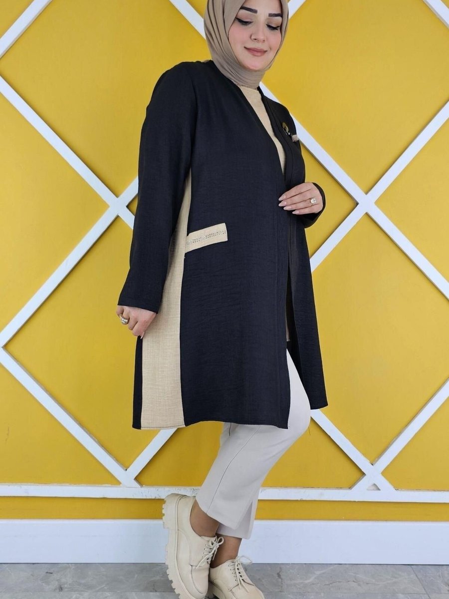 PYS Siyah Broş Detaylı Kimono İkili Takım