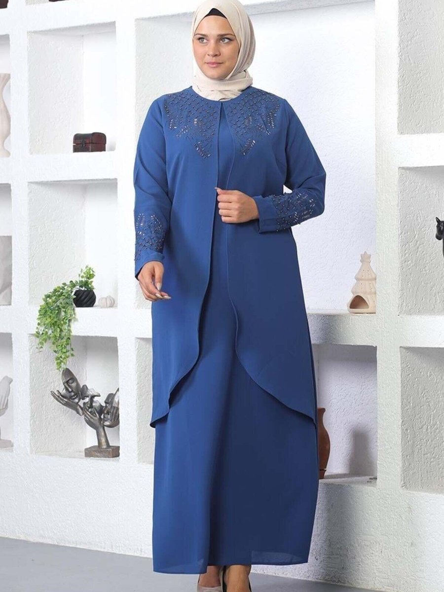 Mec Fashion İndigo Taş İşlemeli Abiye Elbise