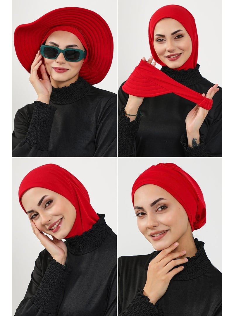Aisha`s Design 3sn Kırmızı 4'lü Bone,siperlik Ve Şapka Seti (deniz,havuz) Yüzücü Bonesi,st