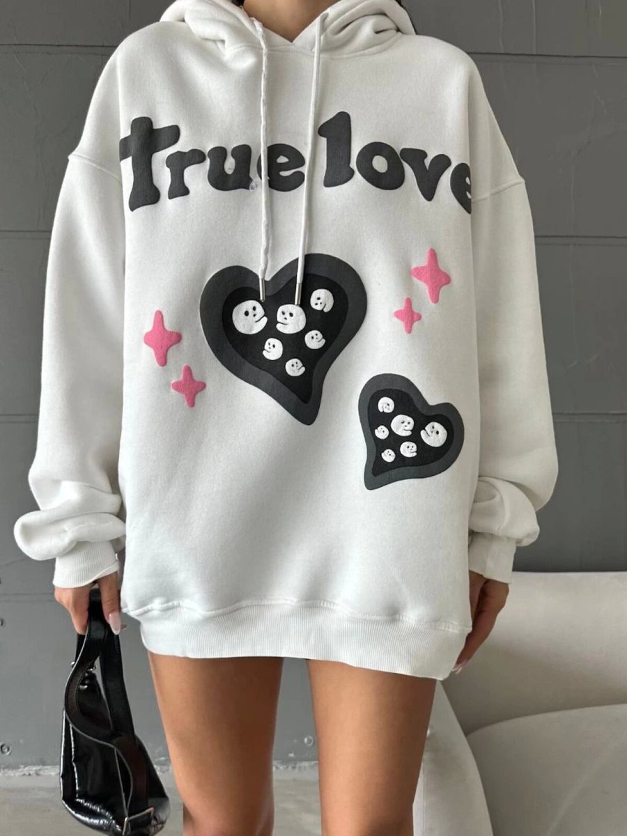 Özer&Hermin Beyaz İplik Şardonlu Oversize Compact True Baskılı Sweat