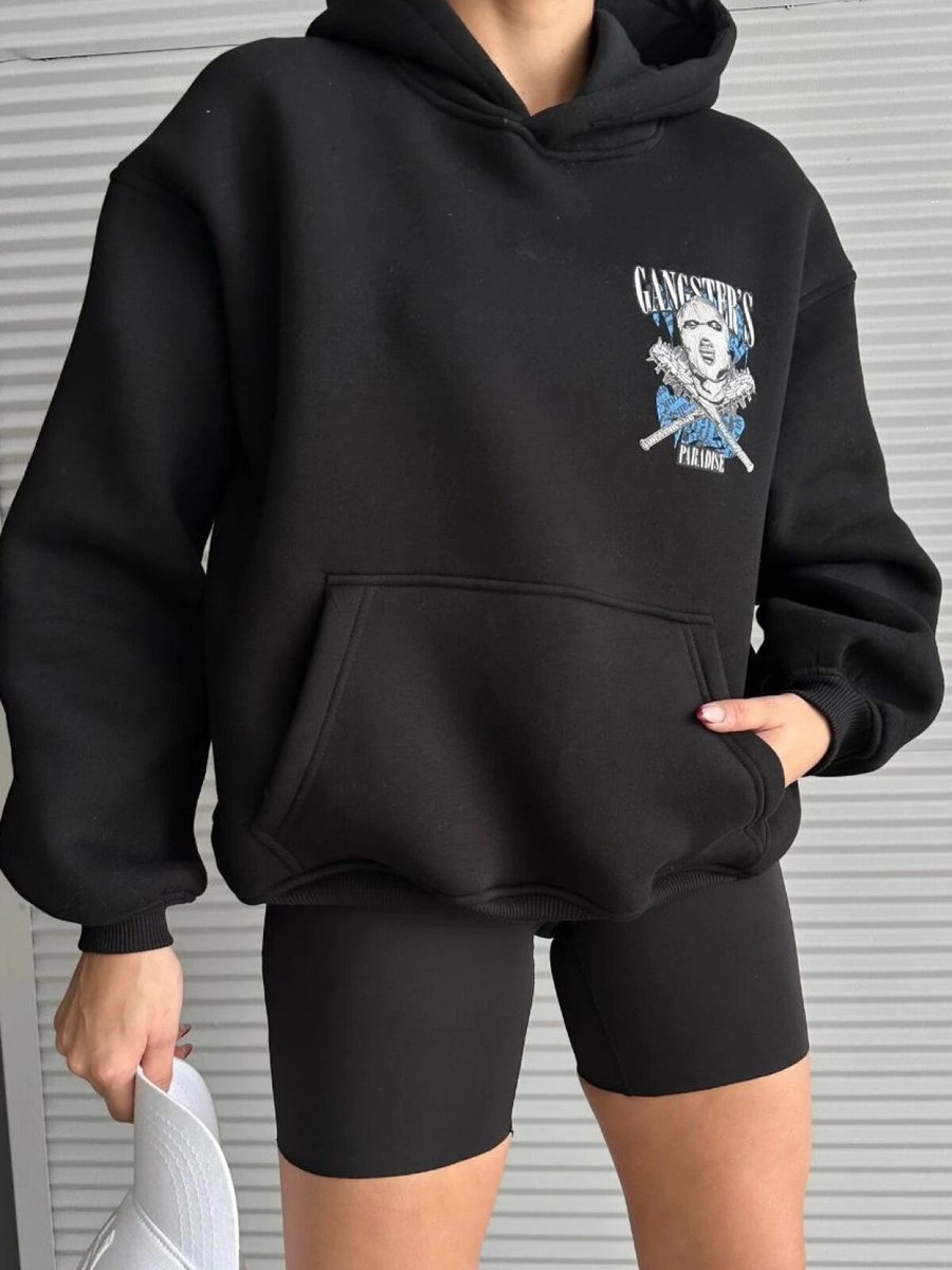 Özer&Hermin Siyah İplik Şardonlu Oversize Compact Kafa Baskılı Sweat