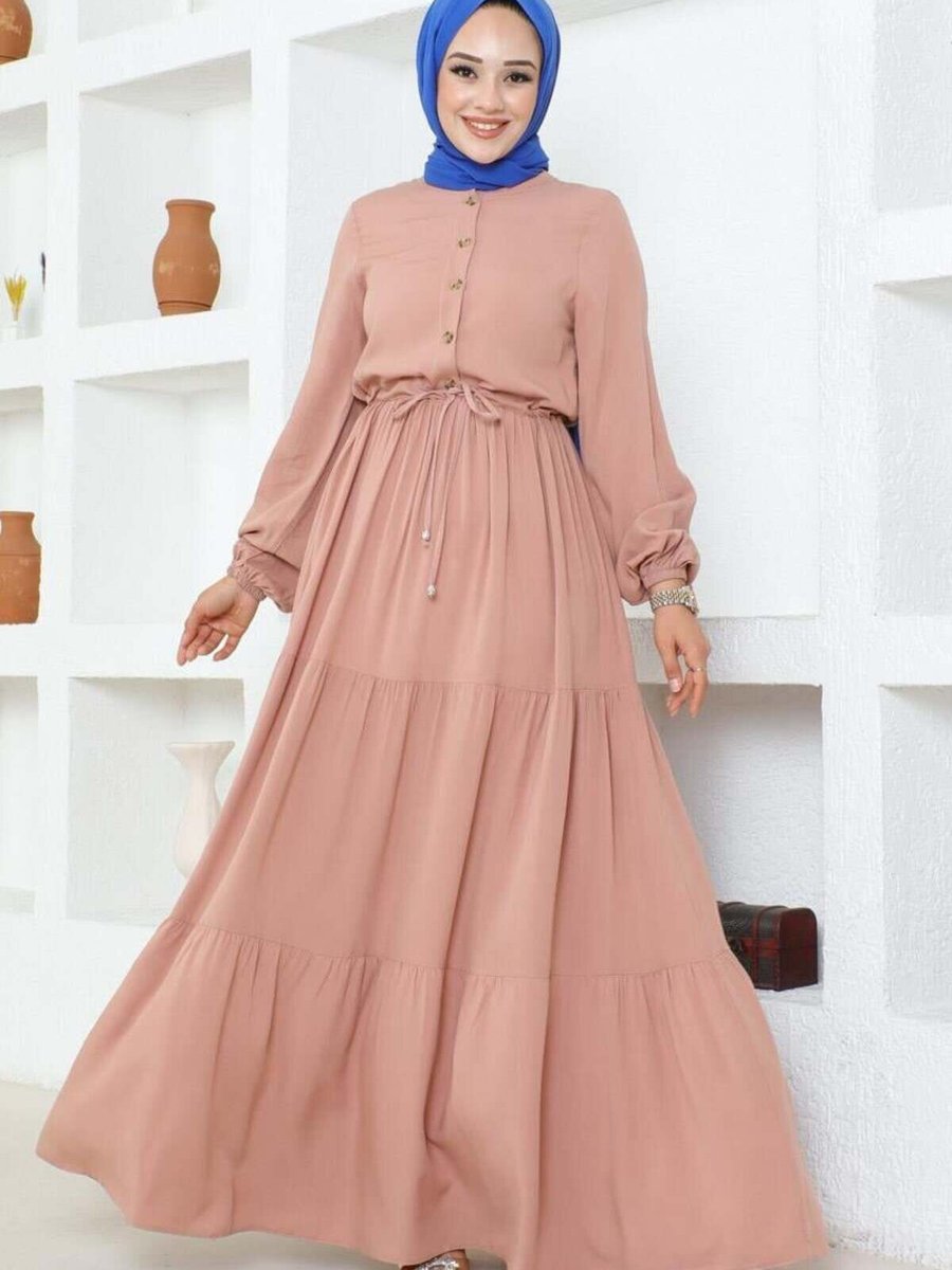 Mec Fashion Pudra Belden Bağcıklı Viskon Elbise