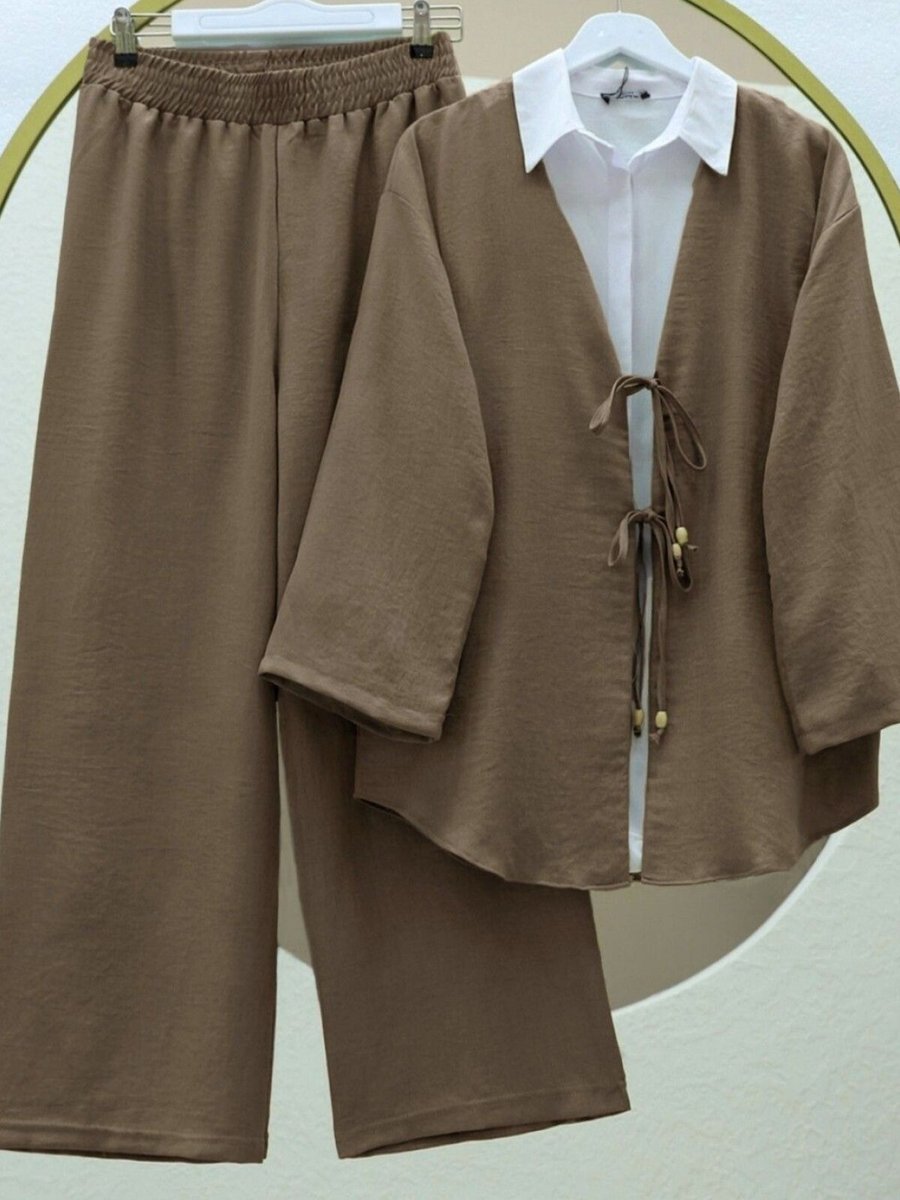 HİJABAYA Açık Kahve Önü Çift Bağlamalı Pantolonlu Kimono İkili Takım