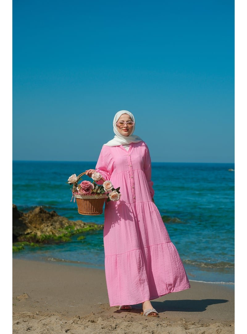 Locco Moda Pembe Kendinden Desenli Elbise