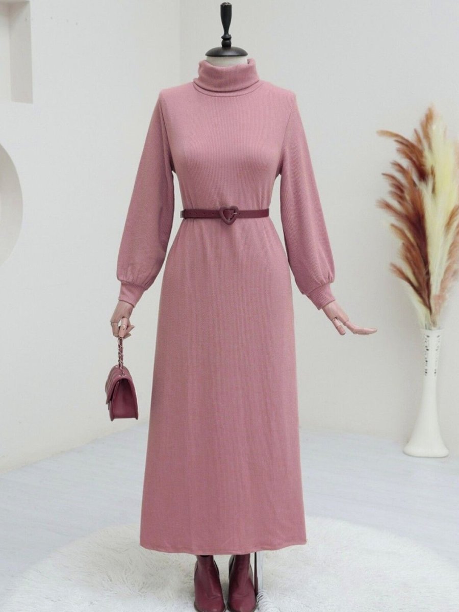 HİJABAYA Pembe Boğazlı Fitilli Elbise