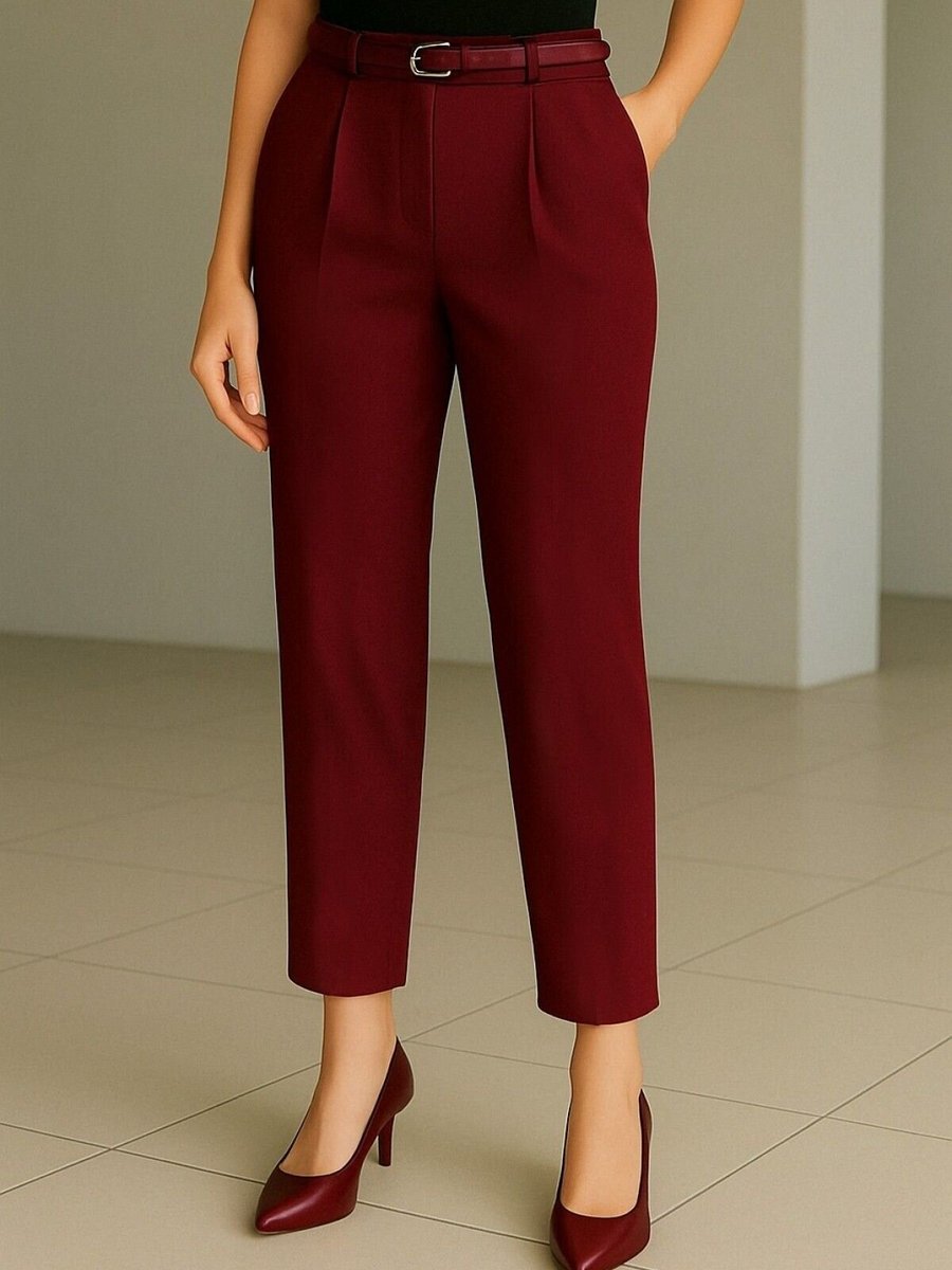 HİJABAYA Bordo Beli Kemerli Çift Cepli Pantolon