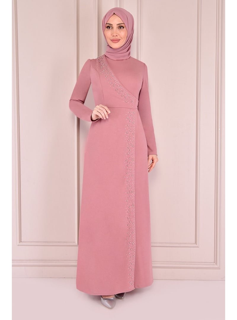 AYŞE MELEK TASARIM Giyim Moda Taş Işlemeli Uzun Abiye Elbise Gül Kurusu