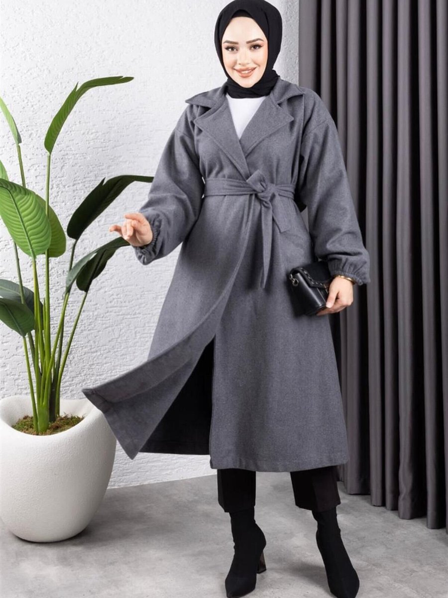 Mec Fashion Gri Kruvaze Yakalı Kaşe Kaban