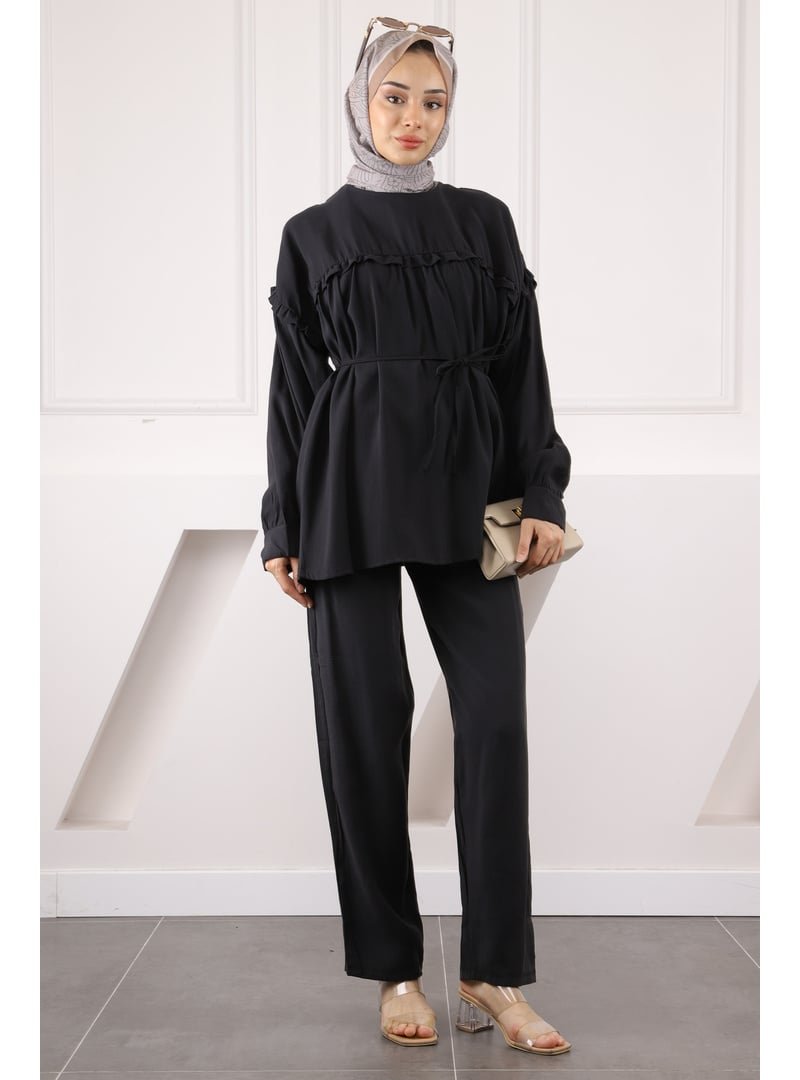 İmaj Butik Siyah Beli İpli Tunik Pantolonlu Modal Takım