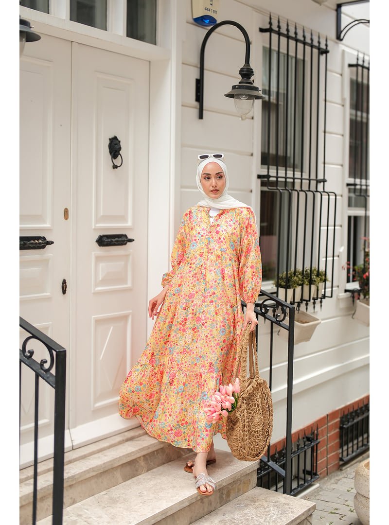 Locco Moda Sarı Renkli Çicek Desen Elbise