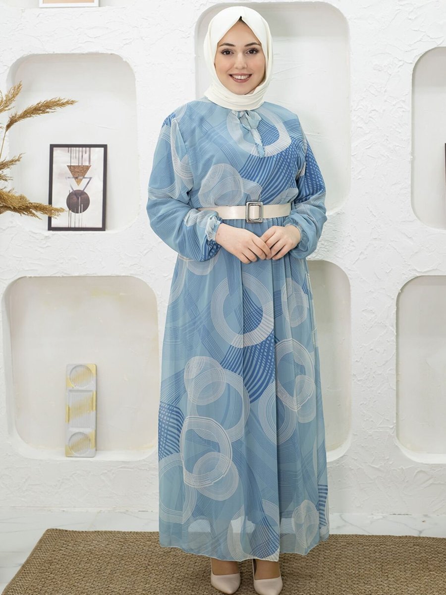 Mec Fashion Mavi Desenli Kemerli Elbise