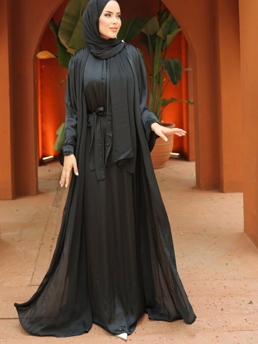 HİJABAYA Siyah Krinkıl İpek Saten 3'lü Abaya Takım