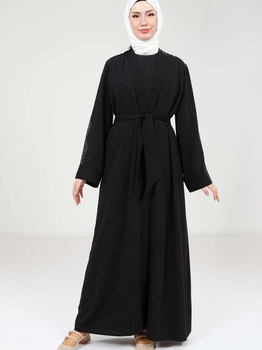 Beyza Siyah Serpme Taş Detaylı Abaya Takım