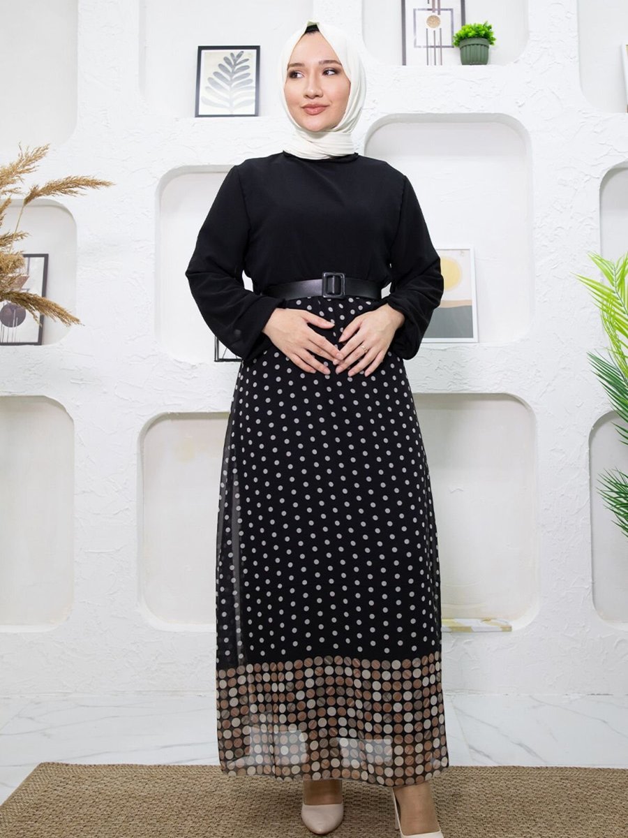 Mec Fashion Siyah Eteği Puantiyeli Elbise