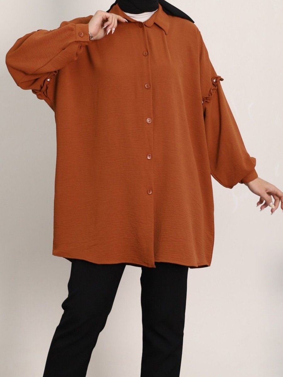 HİJABAYA Kiremit Kolları Taşlı Fırfırlı Salaş Ayrobin Tunik