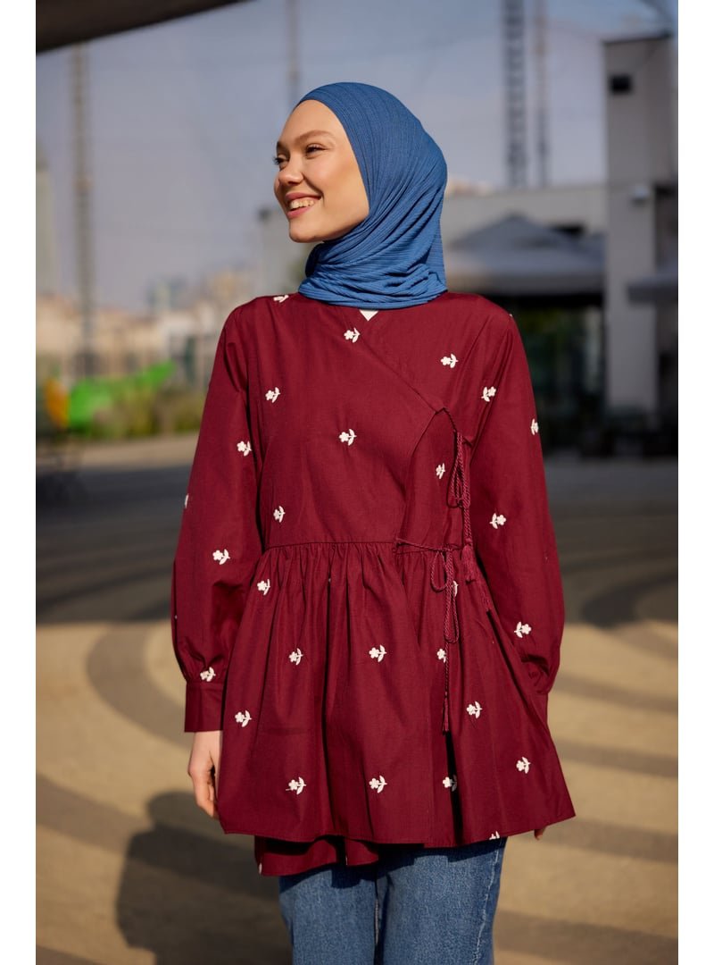 Locco Moda Bordo Nakış İşlemeli Yandan Bağlamalı Tunik