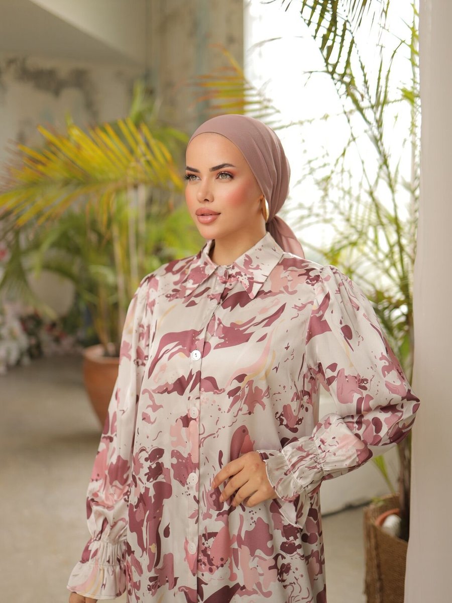 Nissra Pembe Yaka Boy Düğmeli Saten Gömlek Elbise