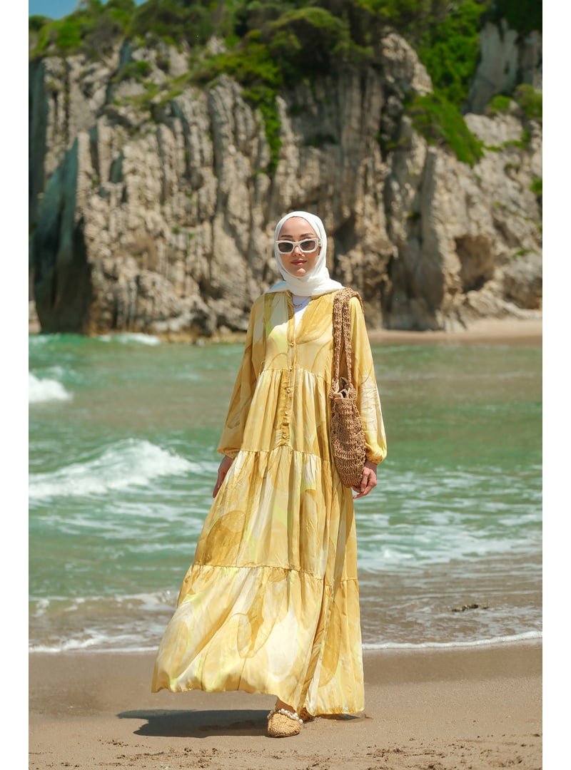 Locco Moda Sarı Şekil Desenli Elbise