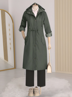 Podyumplus Haki Astarı Çizgili Trençkot