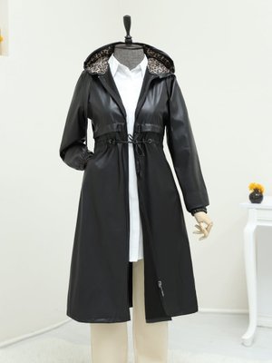 Podyumplus Siyah Tünel Bağcıklı Kapüşonlu Fermuarlı Deri Kap