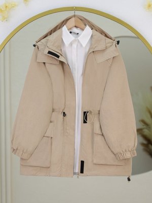 Podyumplus Bej Lastik Bağcıklı Torba Cepli Fermuarlı Trençkot