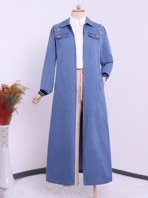 Podyumplus İndigo Omuzu İncili Ribanalı Fermuarlı Uzun Kot Kap