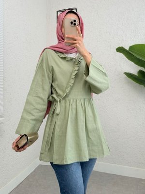 Podyumplus Mint Yakası Fırfırlı Yandan Bağlamalı Keten Kimono