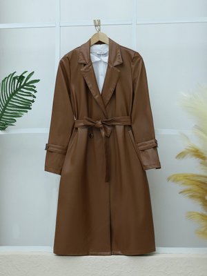 Podyumplus Taba Kemerli Yan Cepli Deri Trenckot