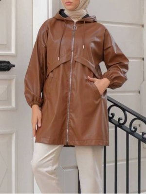 Podyumplus Taba Kapüşonlu Cepli Deri Kap