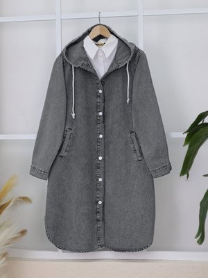 Podyumplus Füme Kapüşonlu Düğmeli Oval Kesim Kot Kap