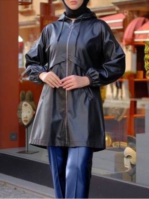 Podyumplus Siyah Kapüşonlu Cepli Deri Kap