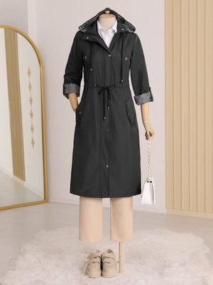 Podyumplus Siyah Astarı Çizgili Trençkot