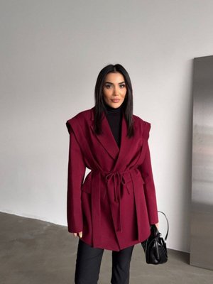 BK BOUTİQUE Bordo Tasarım Omzu Kuşaklı Bağcıklı Oversize Ceket