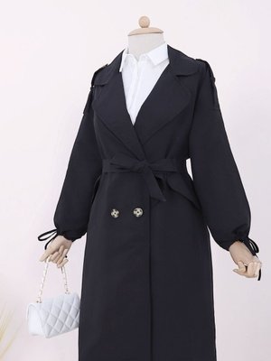 Podyumplus Siyah Kapaklı Cepli Kolu Bağcıklı Trençkot