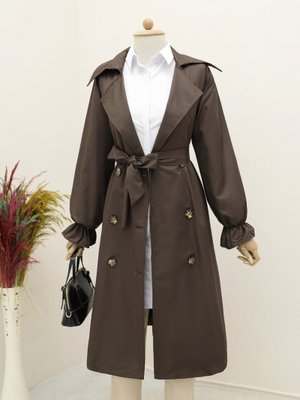 Podyumplus Kahve Kolu Lastikli Cepli Kuşaklı Trençkot