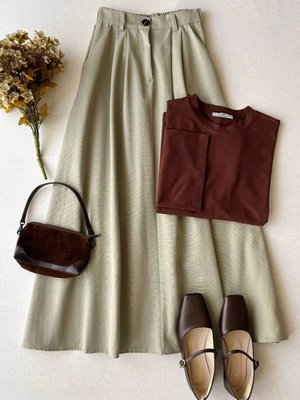 Ceylan Otantik Keten Tek Düğmeli Etek & Body Takım Küf Yeşili Acı Kahve