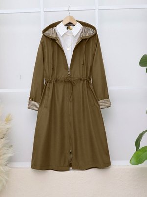 Podyumplus Taba Beli Lastikli Kolu Katlamalı Kapüşonlu Trenckot