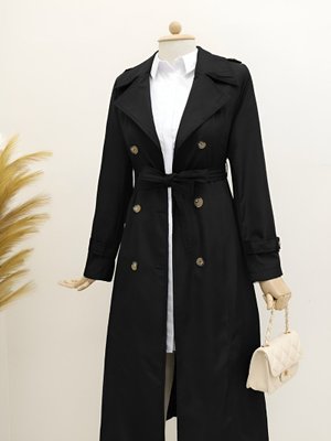 Podyumplus Siyah Astarlı Kemerli Trenckot