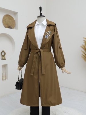 Podyumplus Taba Broşlu Taş Detaylı Balon Kol Trençkot