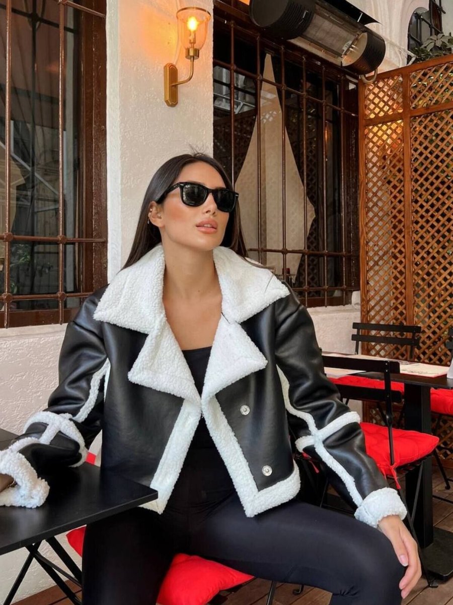 İLKCET MODA Siyah Detaylı Rabbit Kaplama Crop Mont