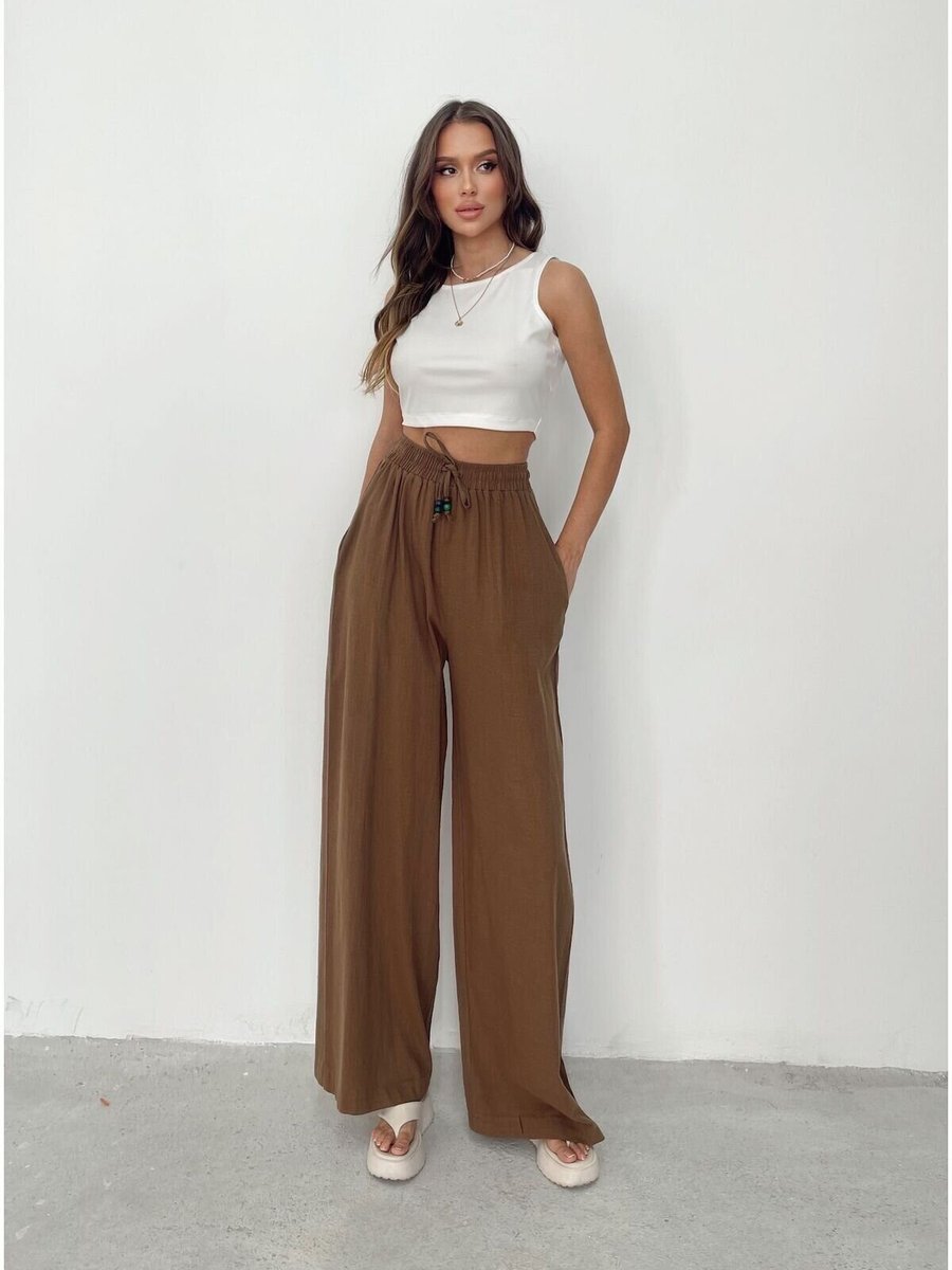 İLKCET MODA Kahverengi Boncuklu Oversize Keten Pantolon
