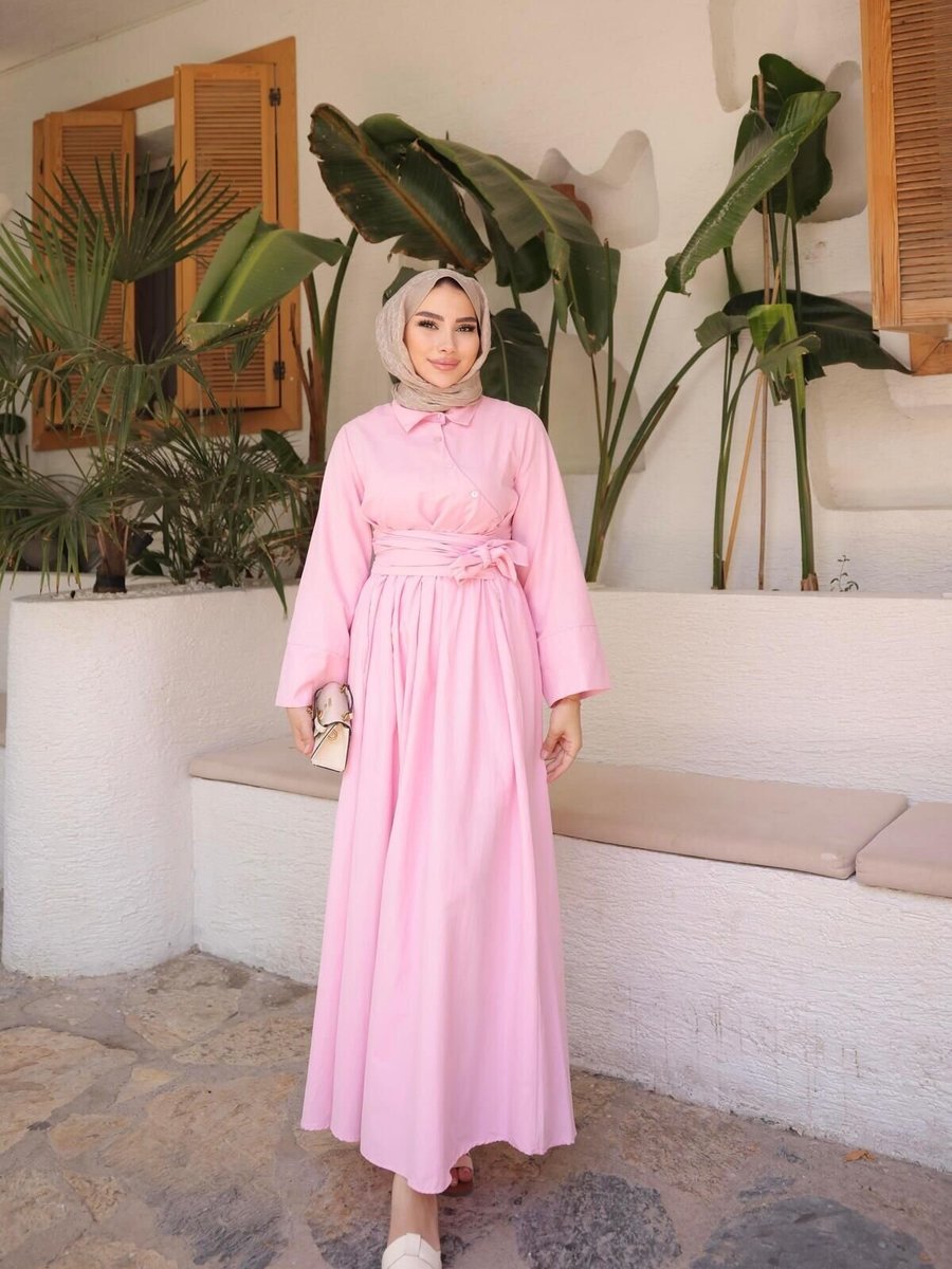 Nergis Neva Butik Pembe Önü Çapraz Belden Bağlamalı Elbise