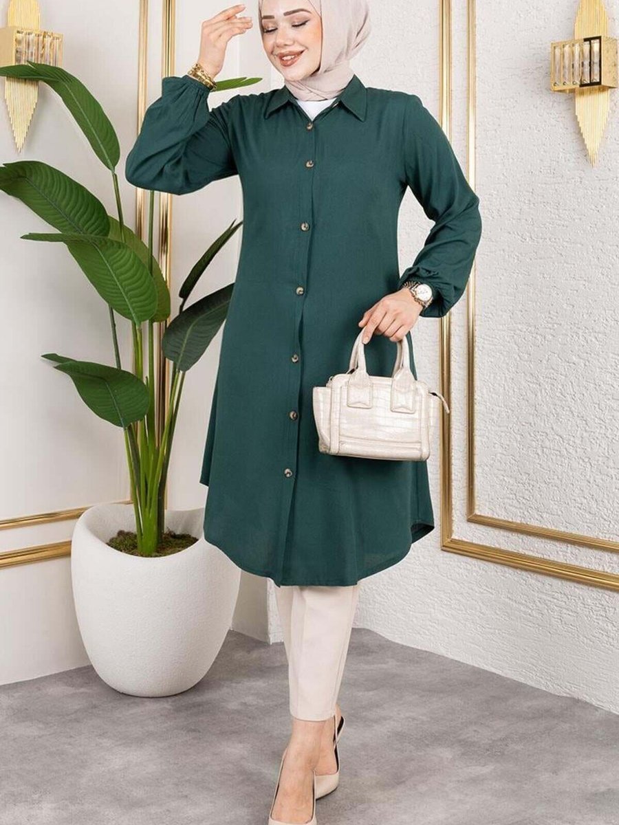 Mec Fashion Zümrüt Yeşili Manşeti Lastikli Viskon Tunik