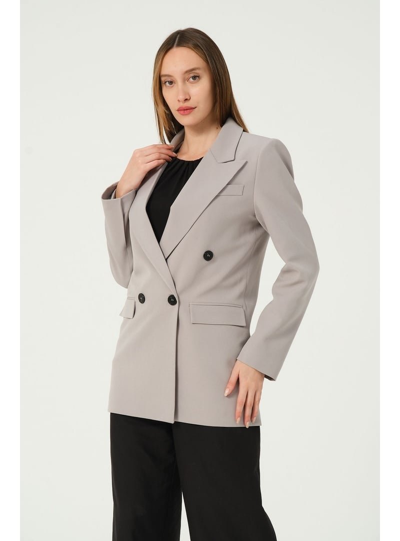 Bolivente Regular Astarlı Kruvaze Kapama Dokuma Oversize Blazer Ceket Gri