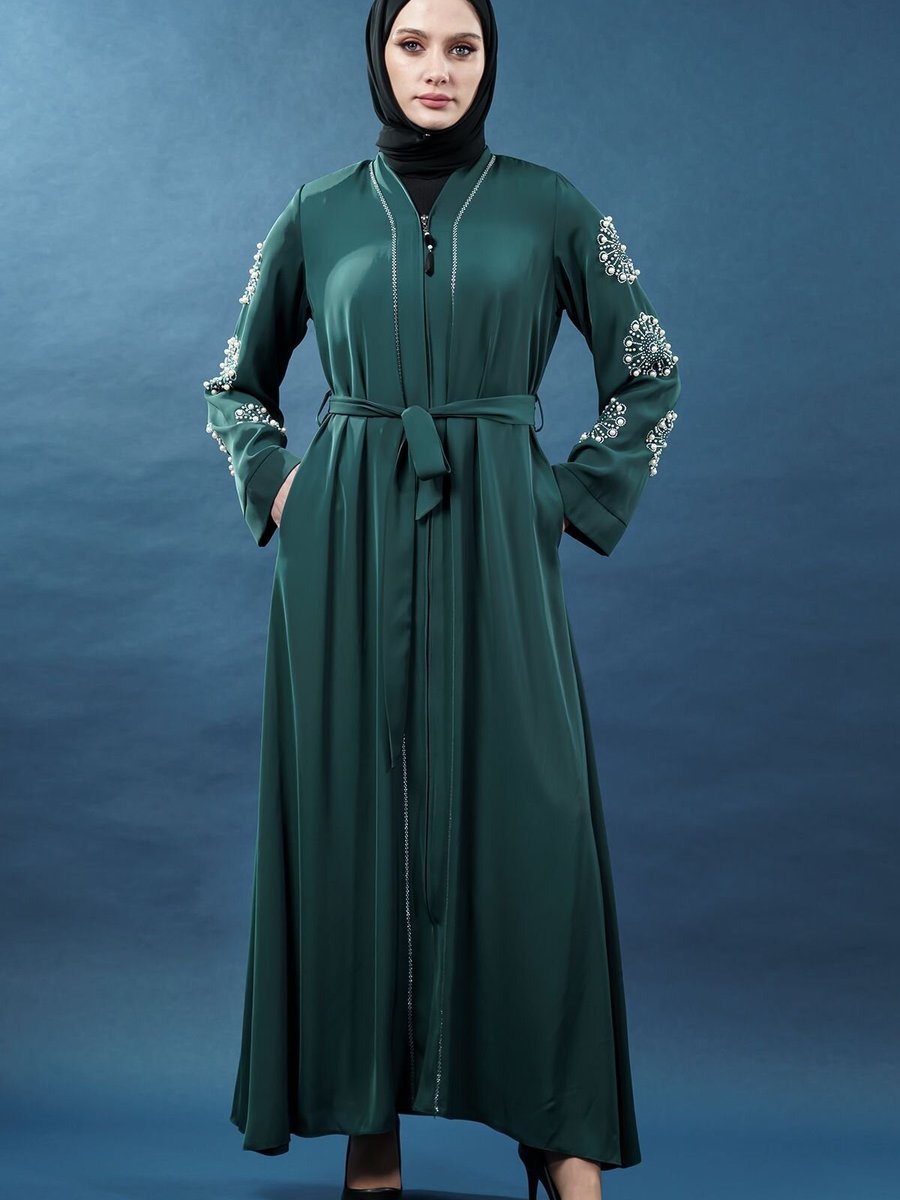 Mec Fashion Haki İnci Detaylı Fermuarlı Kuşaklı Abaya